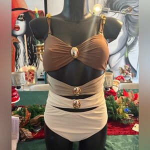 NWT Miss Sparking Brown and Cream One-Piece Swimsuit with Gold Accents.